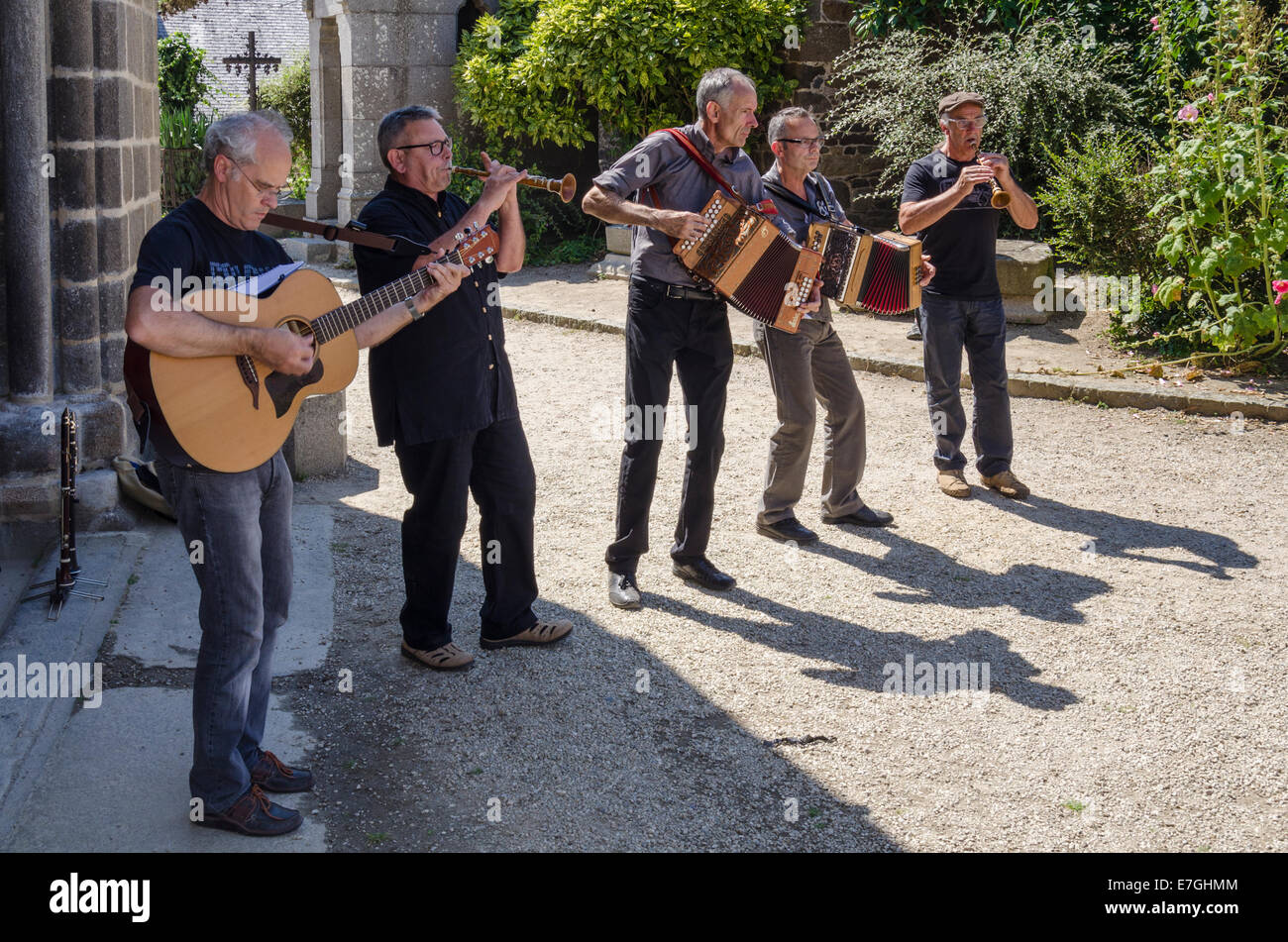 Traditional Breton folk musicians performing Stock Photo