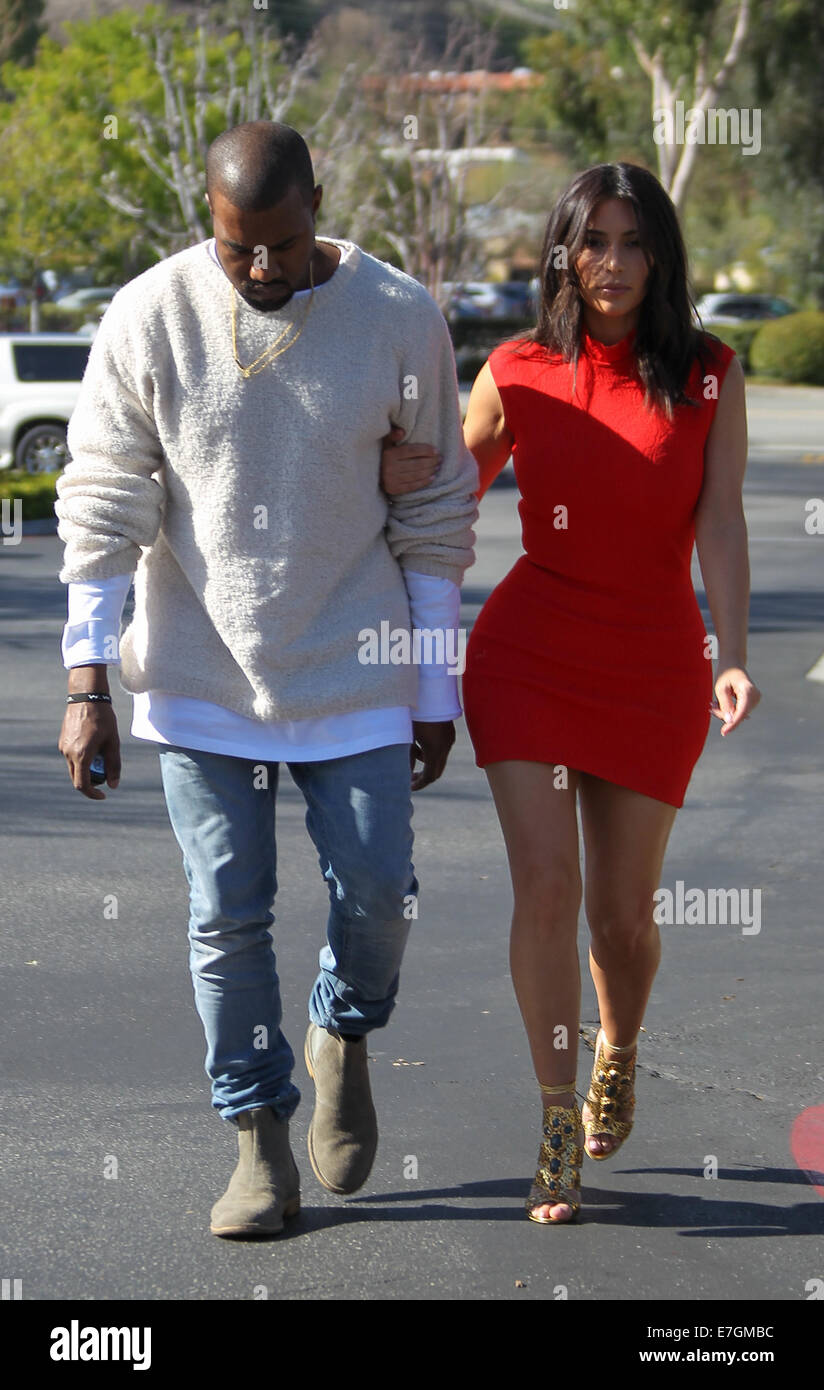Kanye West takes fiancee Kim Kardashian to see the new movie 'Need For Speed' in Calabasas  Featuring: Kanye West,Kim Kardashian Where: Los Angeles, California, United States When: 14 Mar 2014 Stock Photo