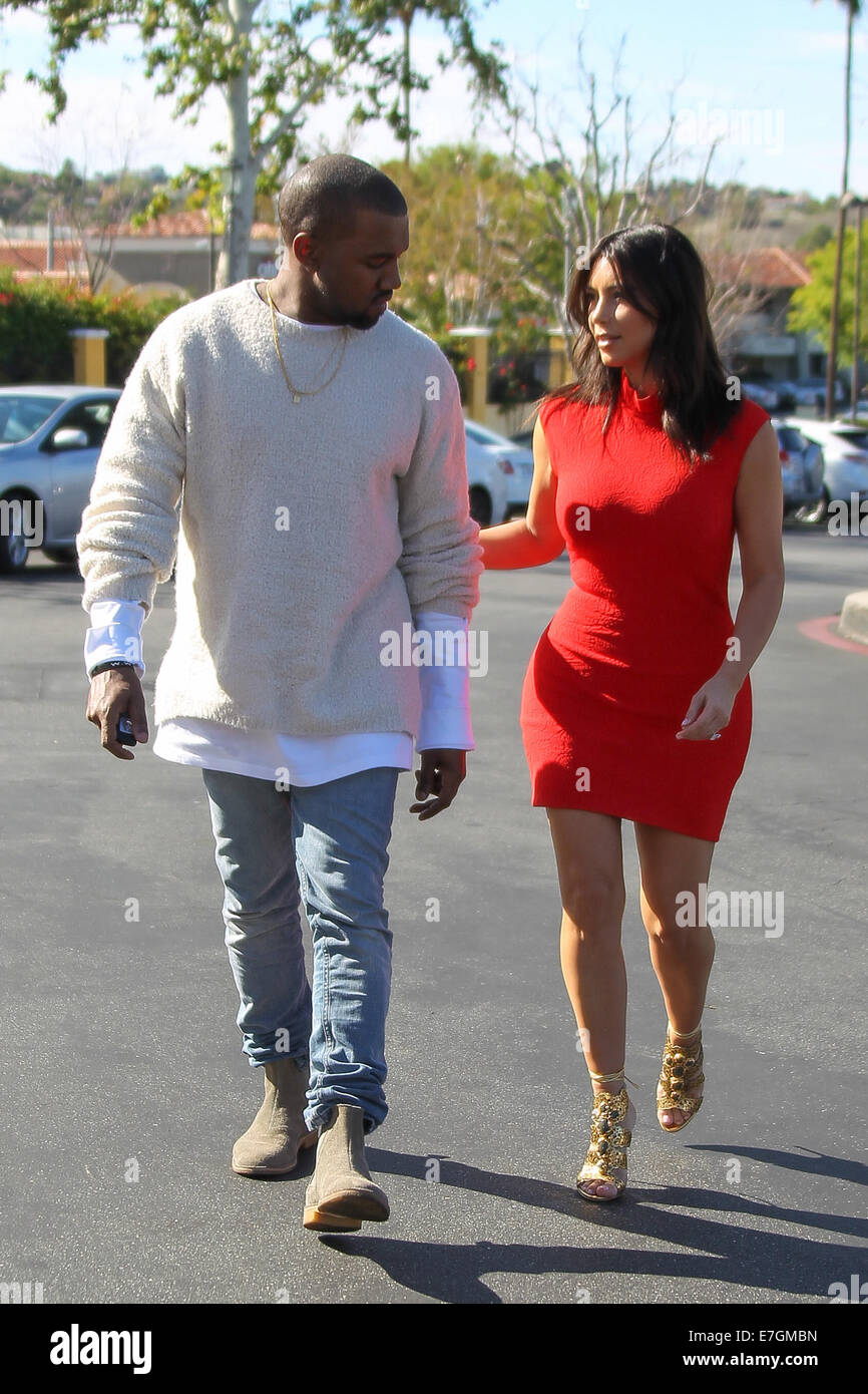 Kanye West takes fiancee Kim Kardashian to see the new movie 'Need For Speed' in Calabasas  Featuring: Kanye West,Kim Kardashian Where: Los Angeles, California, United States When: 14 Mar 2014 Stock Photo