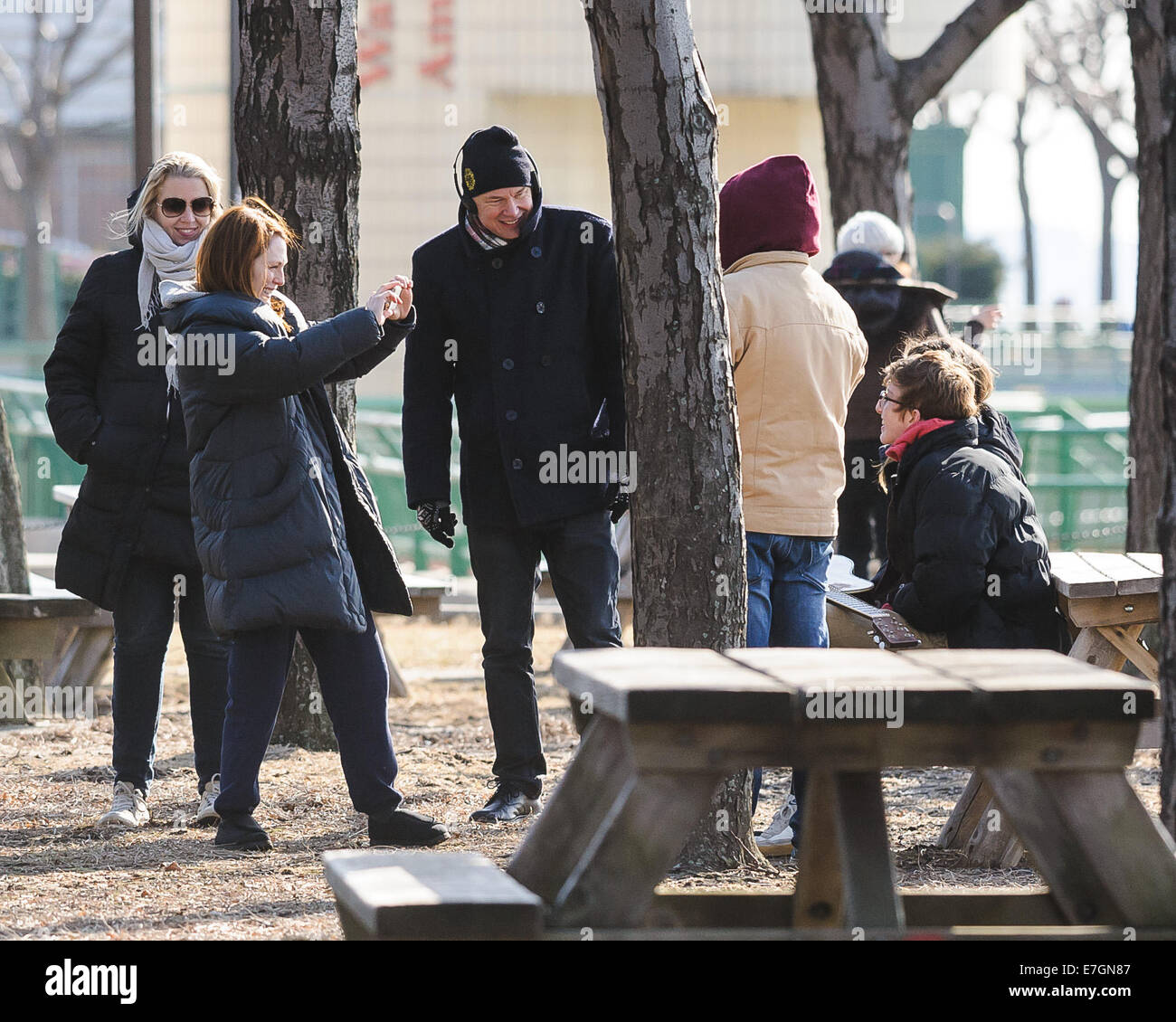 Kristen Stewart and Julianne Moore film a scene in Harlem for 'Still Alice'  Featuring: Julianne Moore,Caleb Freundlich Where: New York, New York, United States When: 14 Mar 2014 Stock Photo