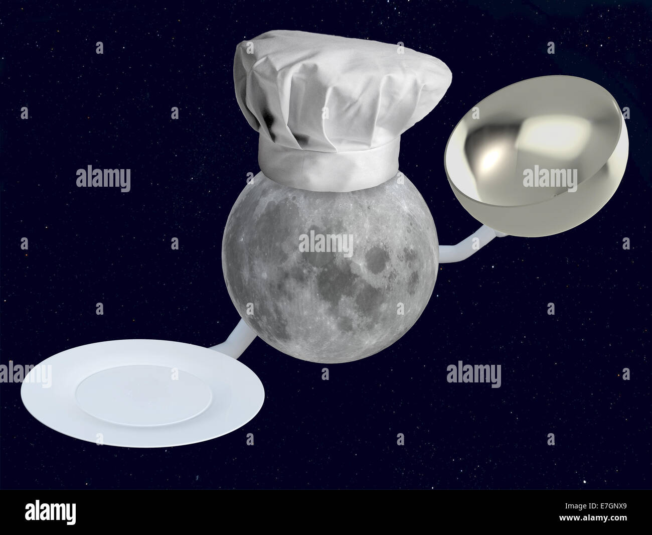 the moon planet with a restaurant chef hat and dish, 3d illustration ...