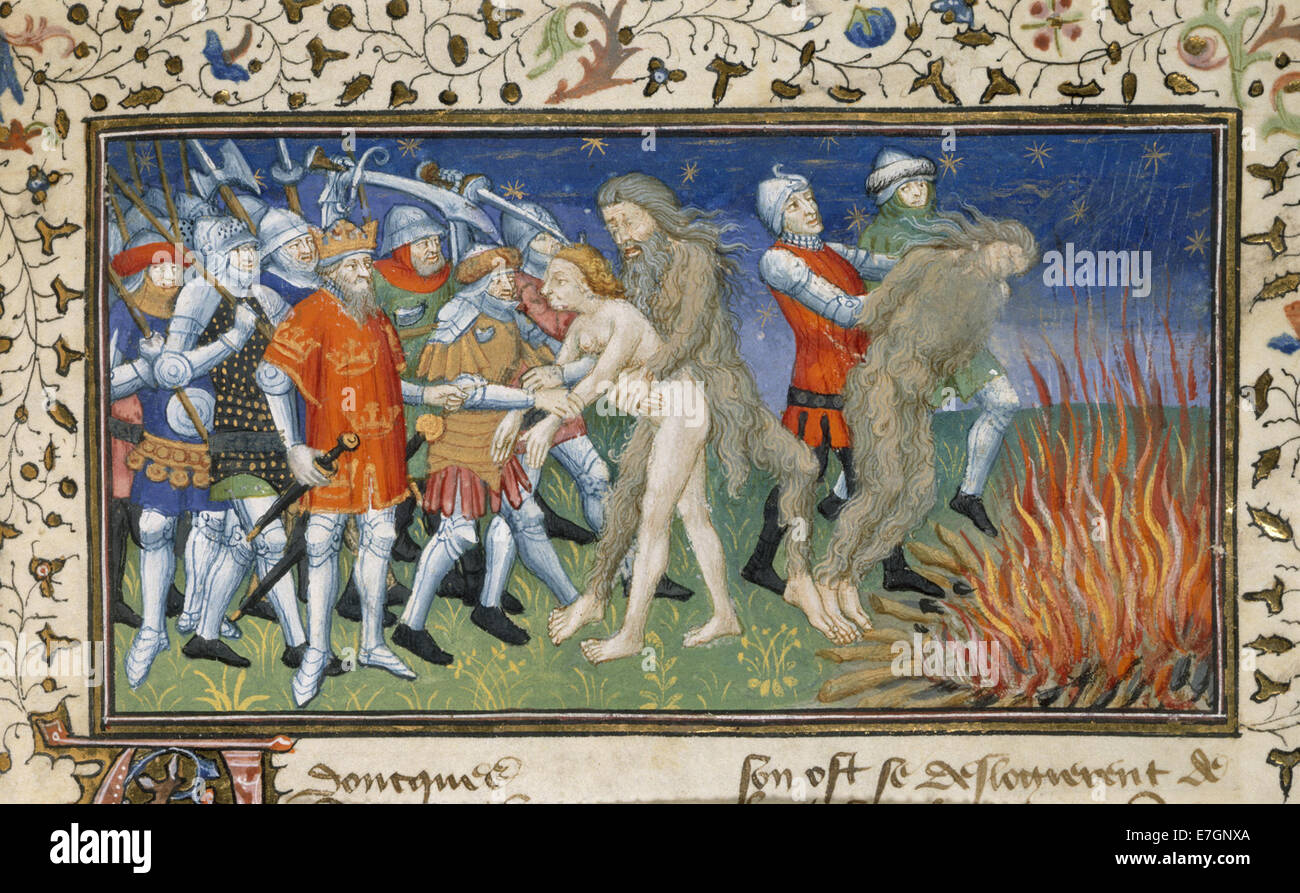 Alexander burns a wild man - La Vraye Histoire du Bon Roy Alixandre (early 15th C), f.64 - BL Royal MS 20 B XX Stock Photo