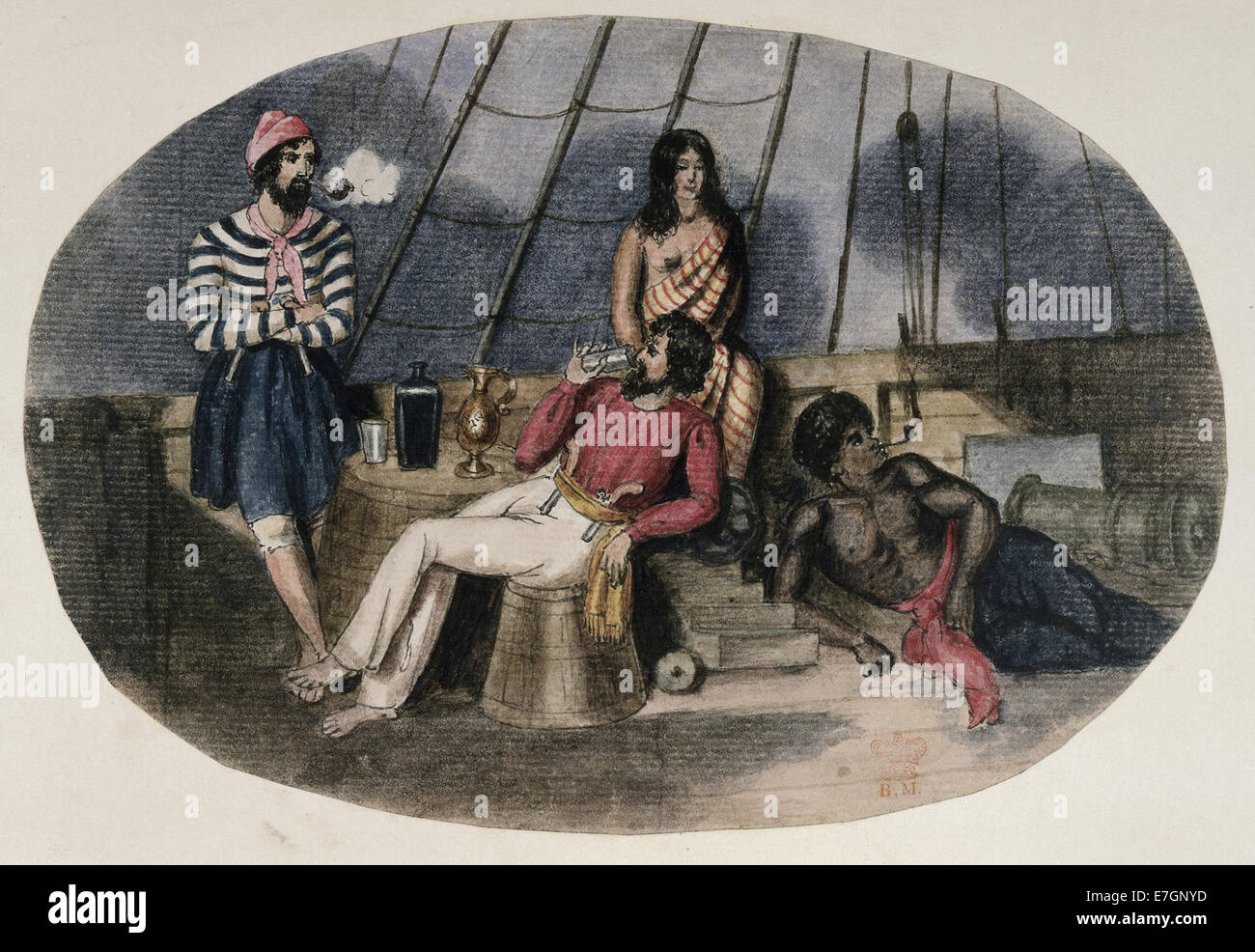 An officer and sailor with natives on board a ship - Drawings and Sketches in New Zealand (c.1848-1853), f.82 - BL Add MS 19954 Stock Photo