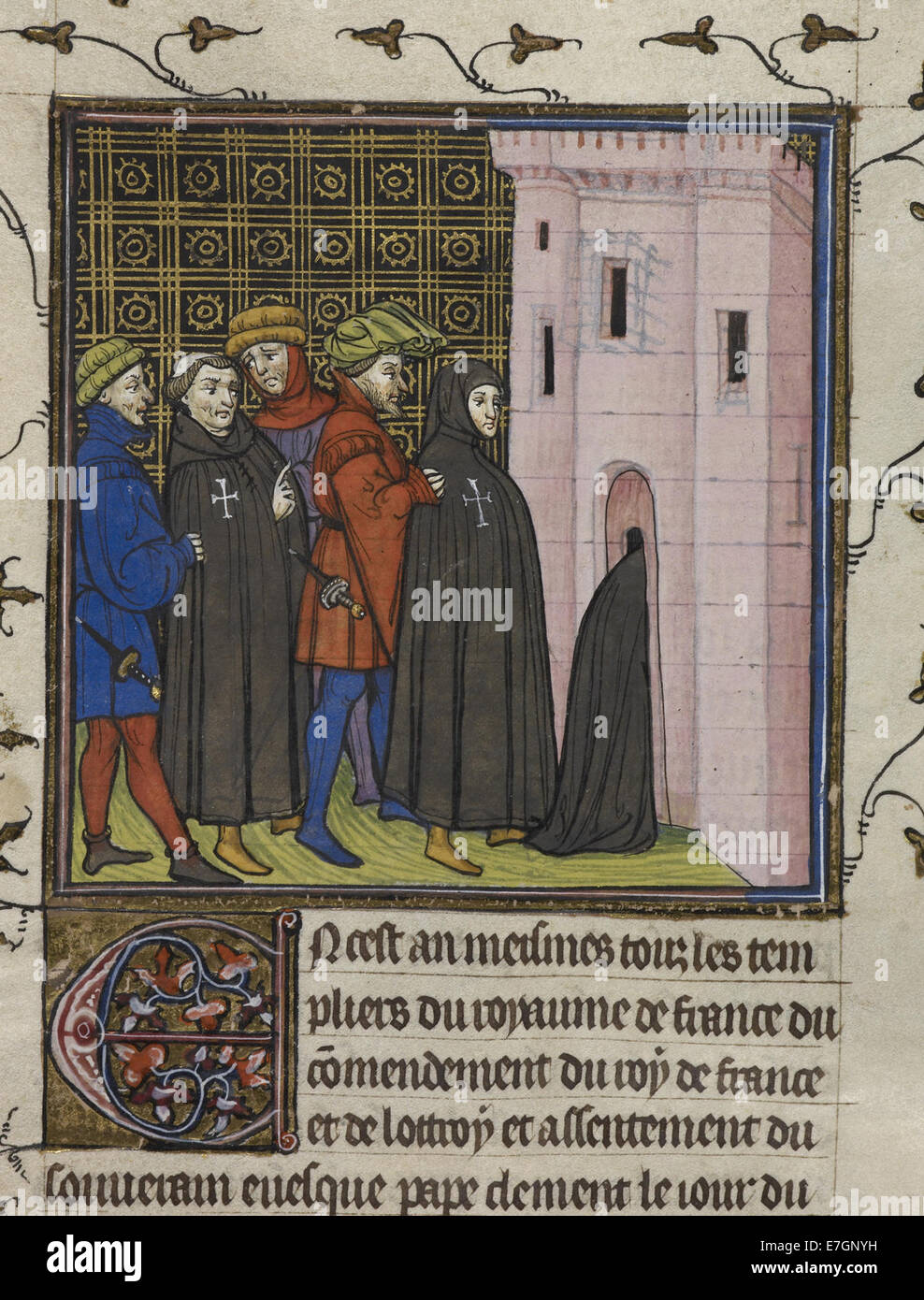 Arrest of the Templars - Chroniques de France ou de St. Denis (end 14th C), f.42v - BL Royal MS 20 C VII Stock Photo