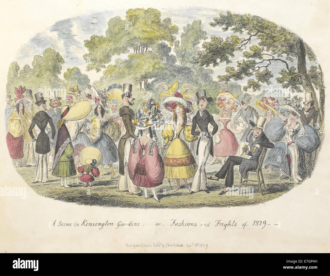 A scene in Kensington Gardens, or fashion and frights of 1829 - Cruikshank, Scraps and sketches (1829), f.8 - BL Stock Photo