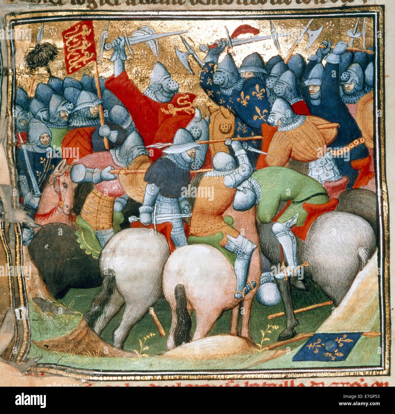 Battle of Cr%%C3%%A9cy - Grandes Chroniques de France (c.1415), f.152v - BL Cotton MS Nero E II Stock Photo