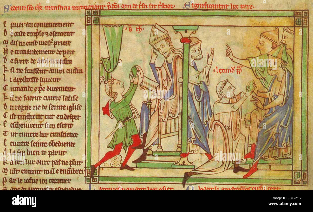 Becket reacts to news of the Coronation - Becket Leaves (c.1220-1240), f. 3v. - BL Loan MS 88 Stock Photo