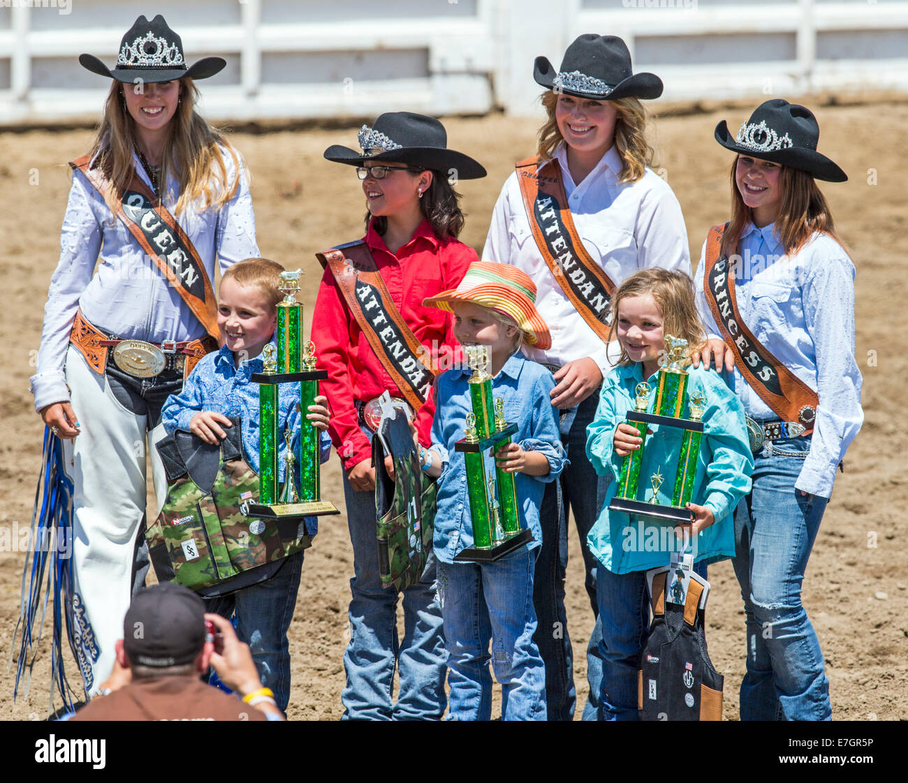 Young winners in the mutton busting competition event, Chaffee County Fair & Rodeo Stock Photo