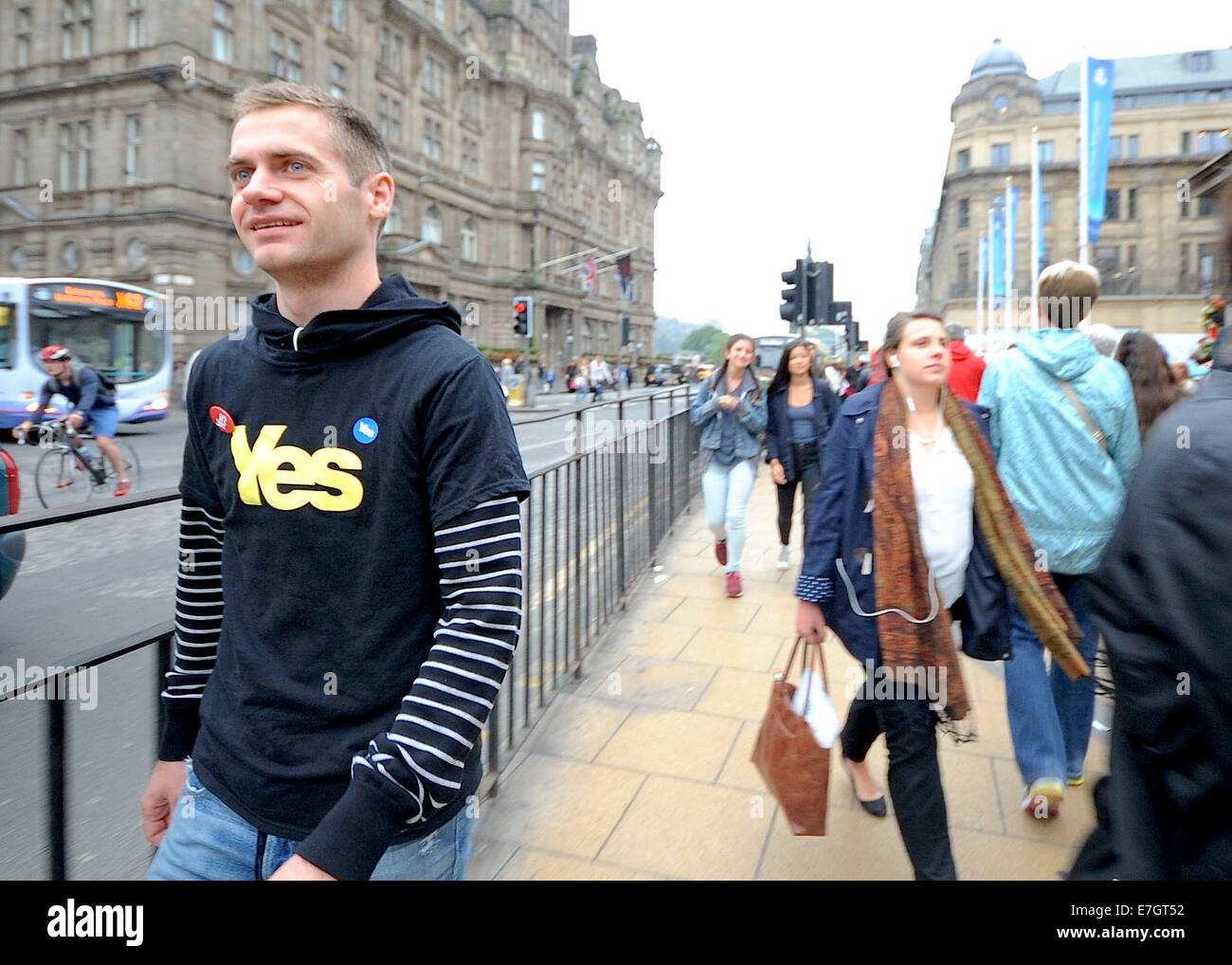 Edinburgh, United KIngdom. 17th Sep, 2014. Supporters for the ''YES'' vote were out pushing their vote for the undecided vote around Edinburgh.The group say this is one last push to reach undecided voters for the Scottish referendum vote. Credit:  Gail Orenstein/ZUMA Wire/Alamy Live News Stock Photo