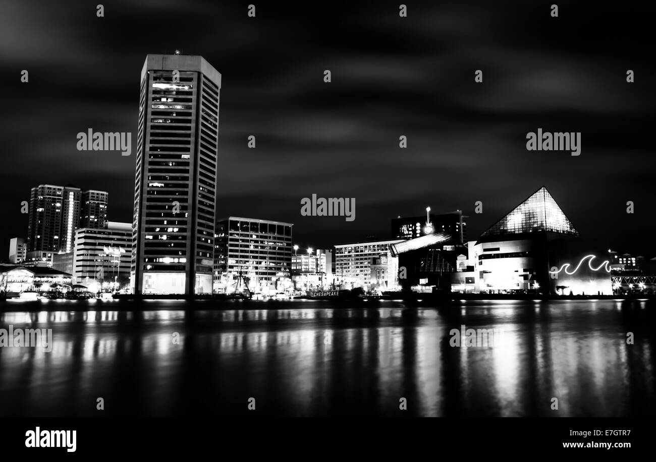 Long exposure of the colorful Baltimore skyline at night, Maryland ...