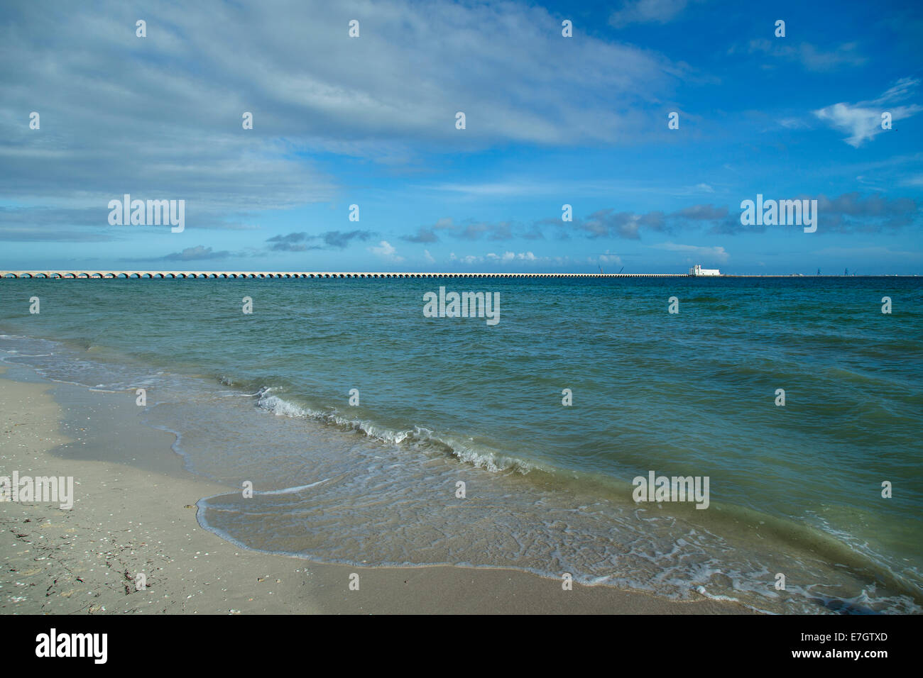 gulf of mexico, north yucatan coast. Long pier on the horizon Stock Photo