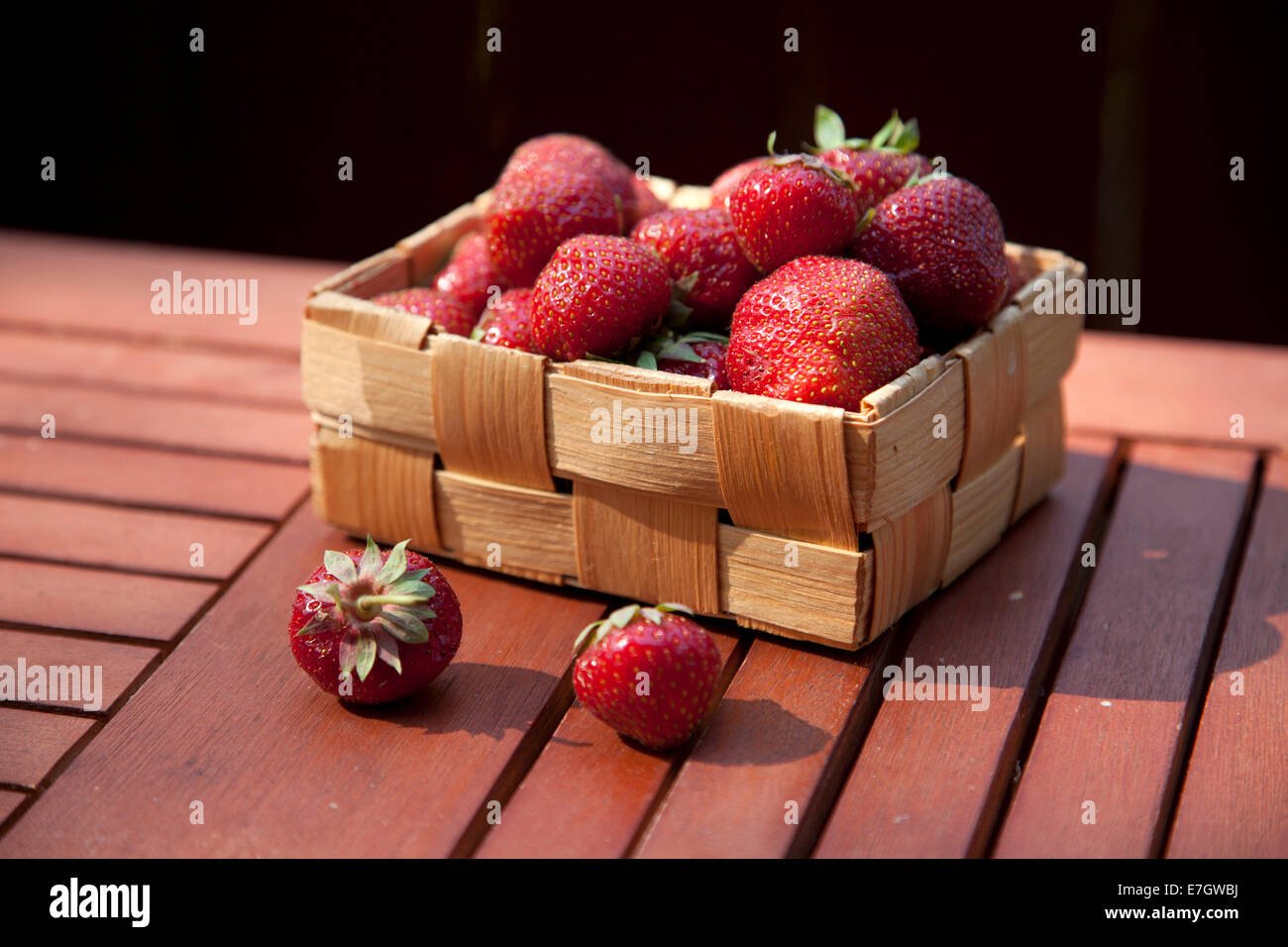 Fresh strawberry in basket on wooden table background Stock Photo - Alamy