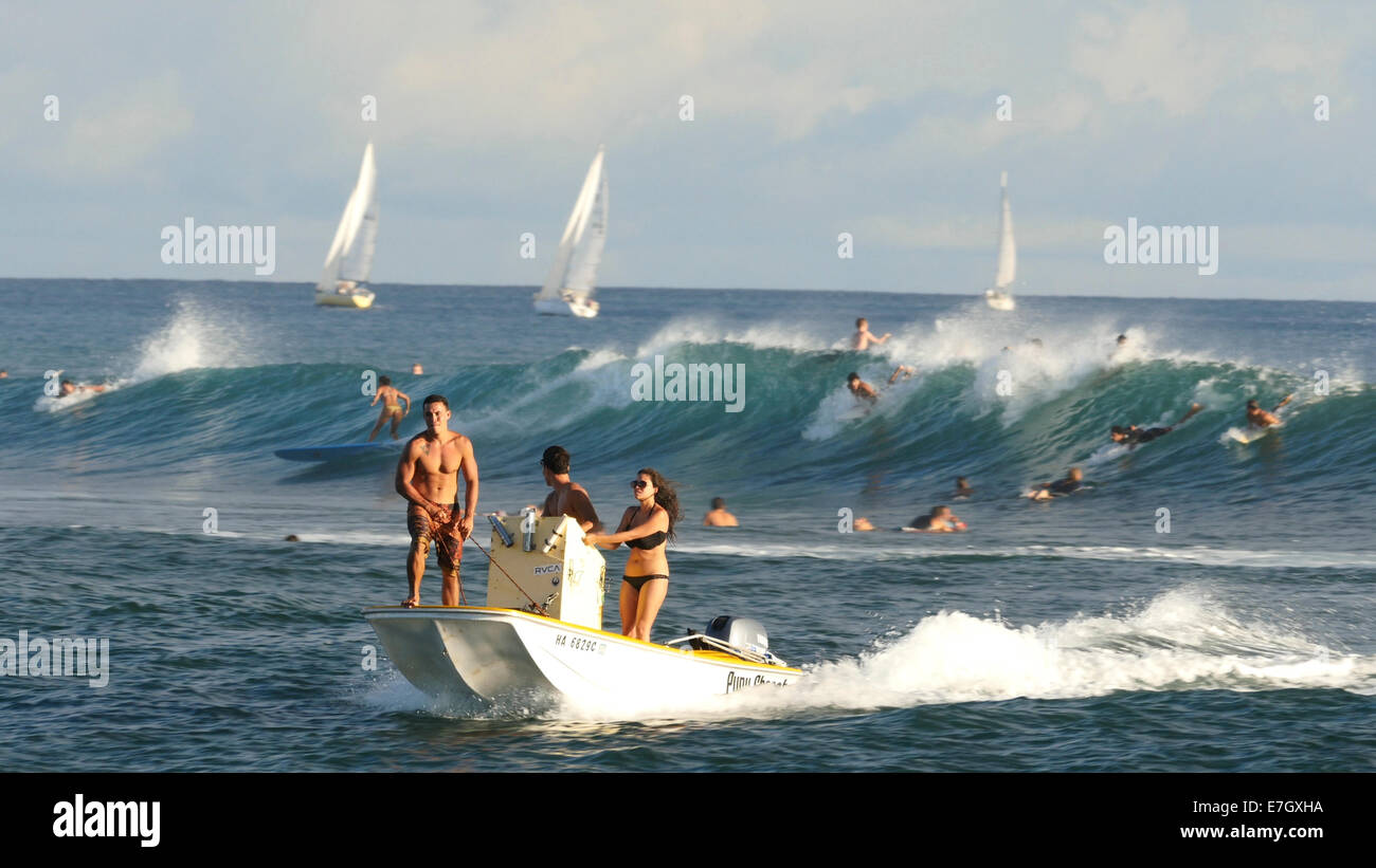 Surfing, Ala Moana, Bowls, Waikiki, Honolulu, Oahu, Hawaii Stock Photo