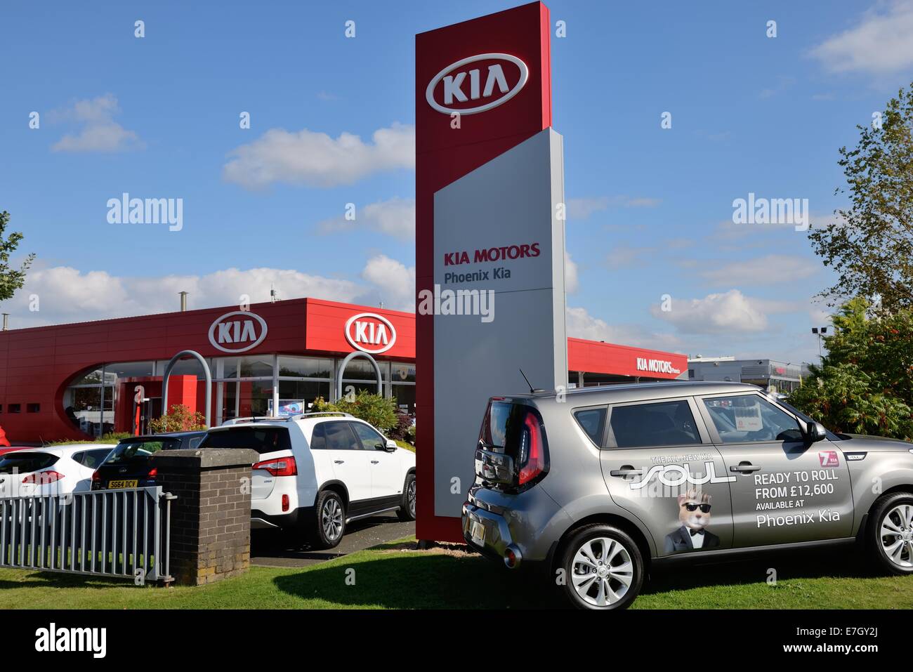 Car sales forecourt for Kia at Phoenix, Linwood, Scotland Stock Photo
