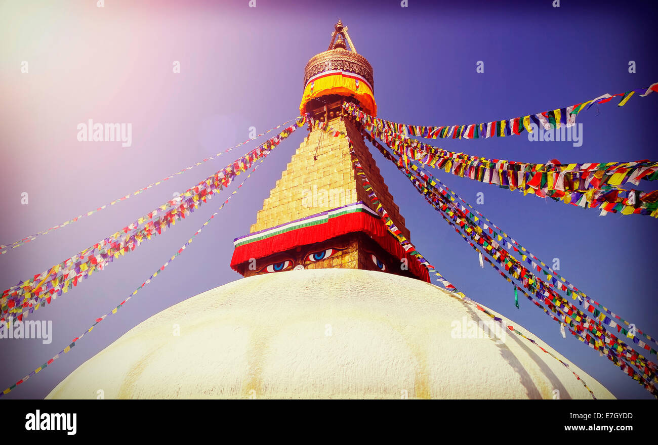 Vintage filtered picture of Boudhanath Stupa, symbol of Kathmandu, Nepal Stock Photo