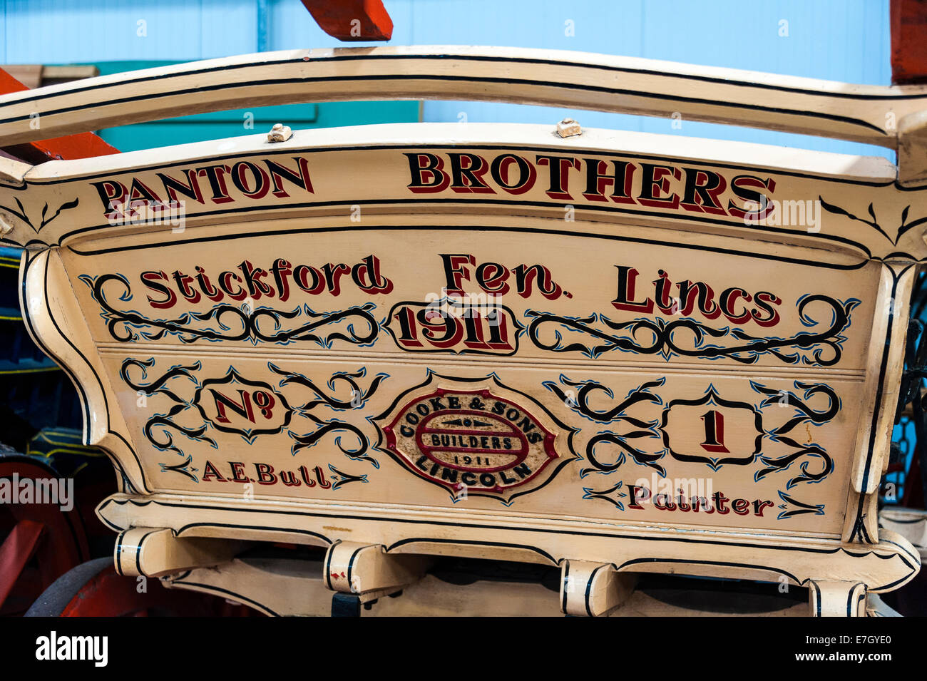 The painted end of a horse-drawn wagon from Lincolnshire in the the early 20th century Stock Photo