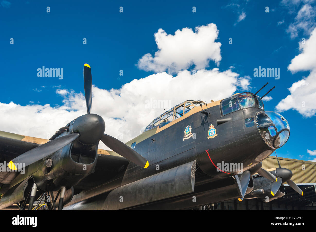 Just Jane, a restored Lancaster bomber kept at East Kirkby in Lincolnshire. Space for text in the sky. Stock Photo