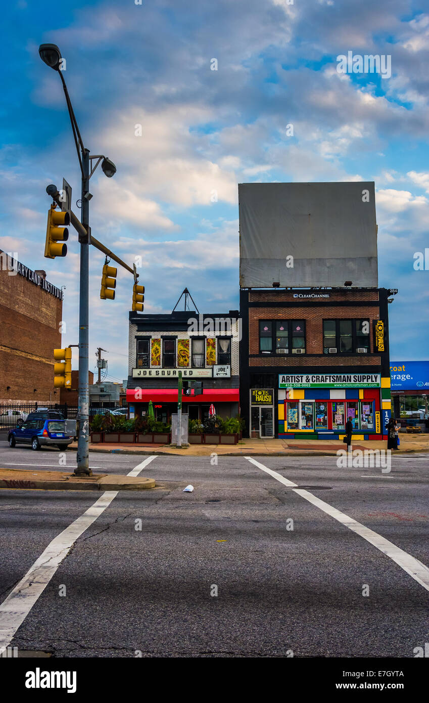 Buildings and intersection on North Avenue in Baltimore, Maryland Stock