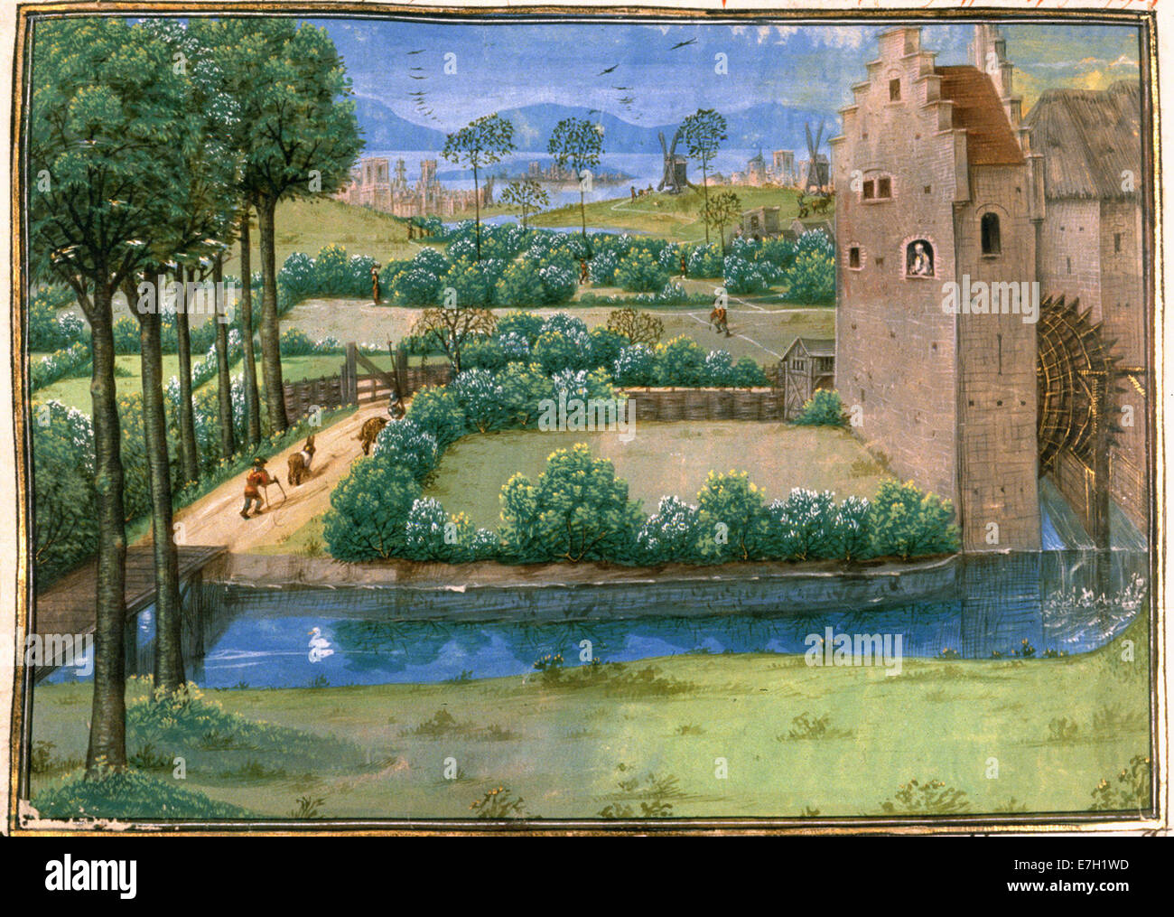 Landscape with a watermill - Le Tresor des Histoires (15th C), f.345v - BL Cotton MS Augustus V Stock Photo