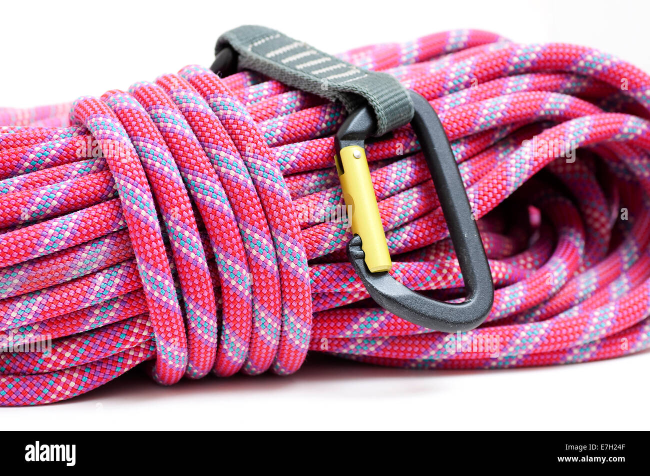 Climbers rope and carabiner. Stock Photo