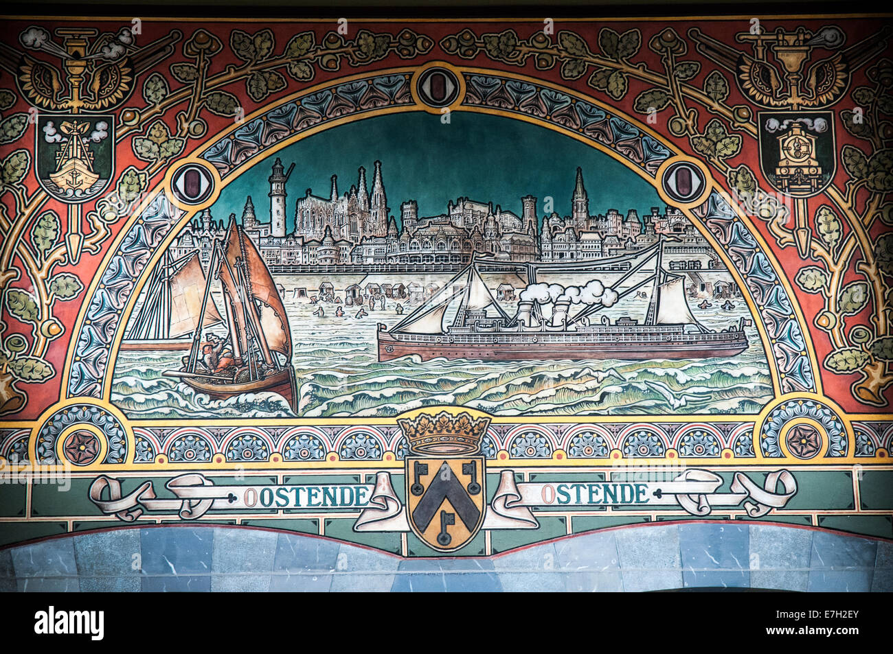 Early 20th-century murals at Gent St-Pieters Station, Ghent, Belgium Stock Photo