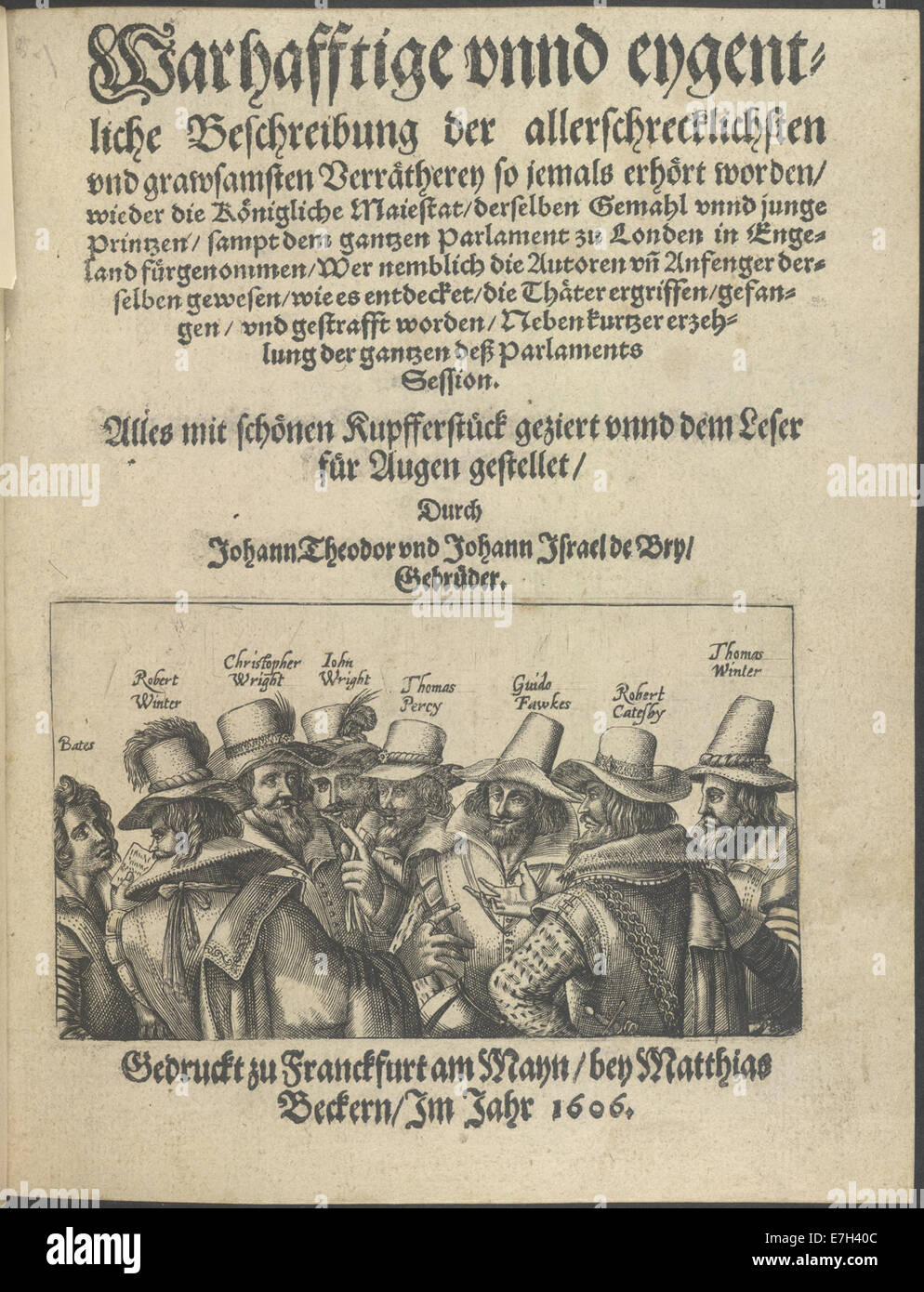 The Gunpowder Plot conspirators - Warhafftige Beschreibung der Verr%%C3%%A4therey (1606), title page - BL Stock Photo