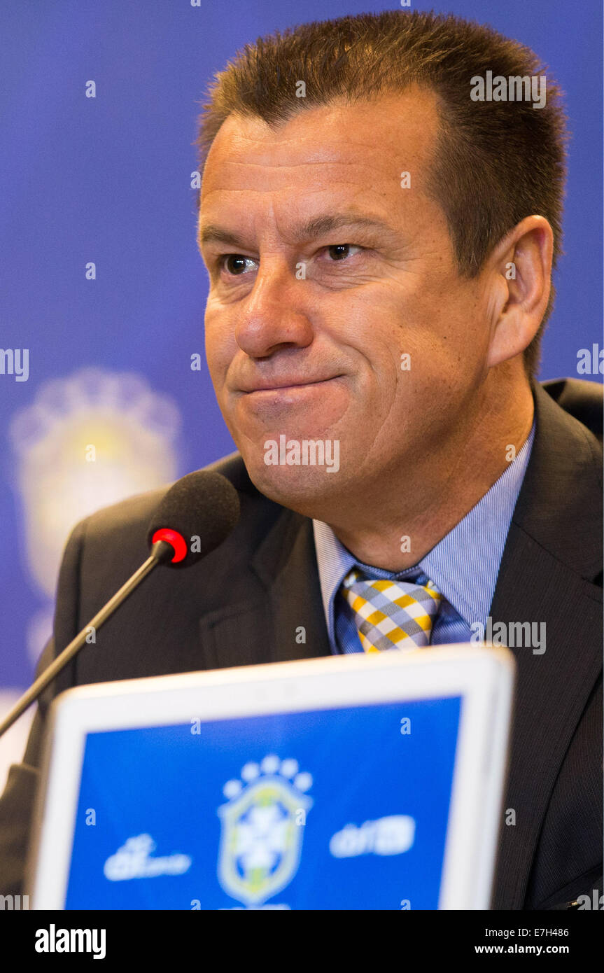Rio De Janeiro, Brazil. 17th Sep, 2014. Dunga, coach of the Brazilian National Football Team, takes part in a press conference in Rio de Janeiro, Brazil, on Sept. 17, 2014. The list of players of the Brazilian National Football Team which will play the America classic game against Argentina in Beijing, capital of China, on Oct. 11, was announced during the press conference on Wednesday. Credit:  Xu Zijian/Xinhua/Alamy Live News Stock Photo