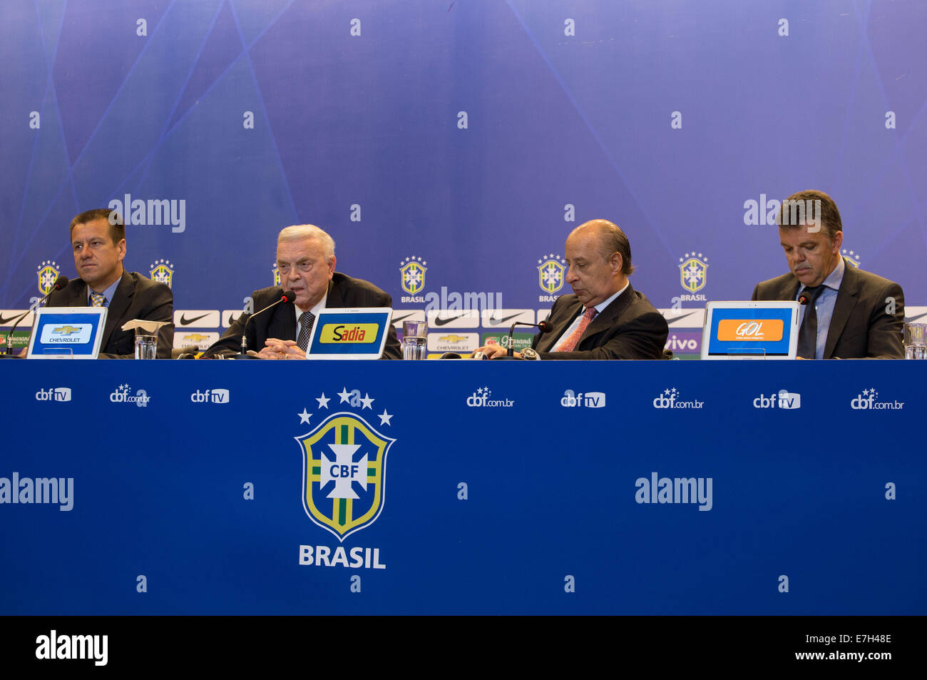 Rio De Janeiro, Brazil. 17th Sep, 2014. Delegates of the Brazilian Football Confederation (CBF, its acronym in Spanish), take part in a press conference in Rio de Janeiro, Brazil, on Sept. 17, 2014. The list of players of the Brazilian National Football Team which will play the America classic game against Argentina in Beijing, capital of China, on Oct. 11, was announced during the press conference on Wednesday. Credit:  Xu Zijian/Xinhua/Alamy Live News Stock Photo