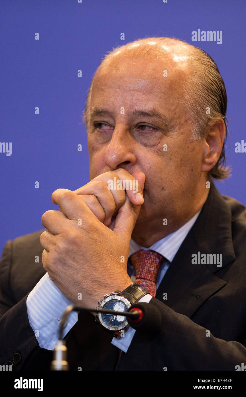 Rio De Janeiro, Brazil. 17th Sep, 2014. Marco Polo Del Nero, Vice President  of the Brazilian Football Confederation (CBF, its acronym in Spanish),  takes part in a press conference in Rio de