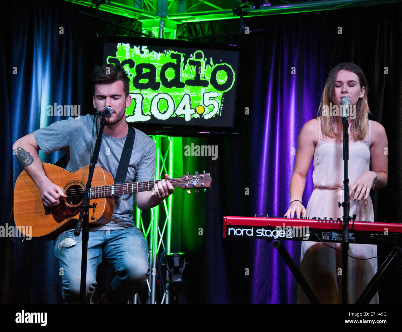 Bala Cynwyd, Pennsylvania, USA. 17th September, 2014. (L to R) Caleb Nott and Georgia Nott of New Zealand Indie Pop Duo Broods Perform at Radio 104.5's Performance Theatre on September 17, 2014 in Bala Cynwyd, Pennsylvania, United States. Credit:  Paul Froggatt/Alamy Live News Stock Photo