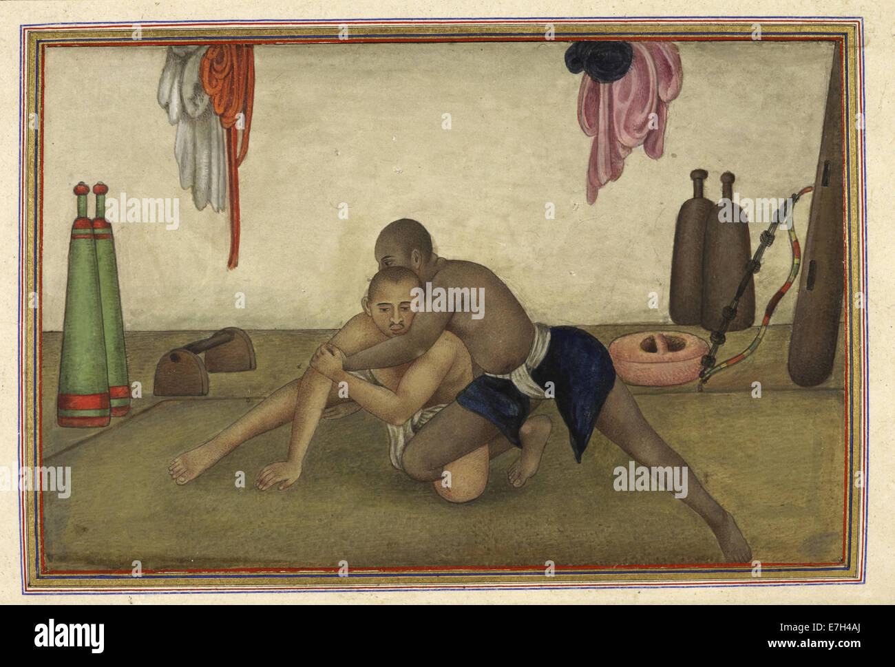 Two men wrestling - Tashrih al-aqvam (1825), f.203v - BL Add. 27255 Stock Photo