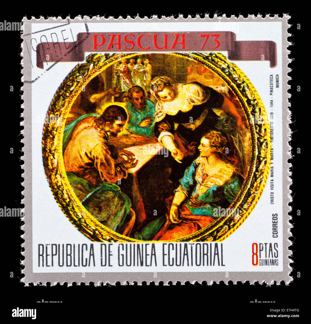 Postage stamp from Equatorial Guinea depicting the Tintoretto painting 'Christ in the house of Mary and Martha' Stock Photo