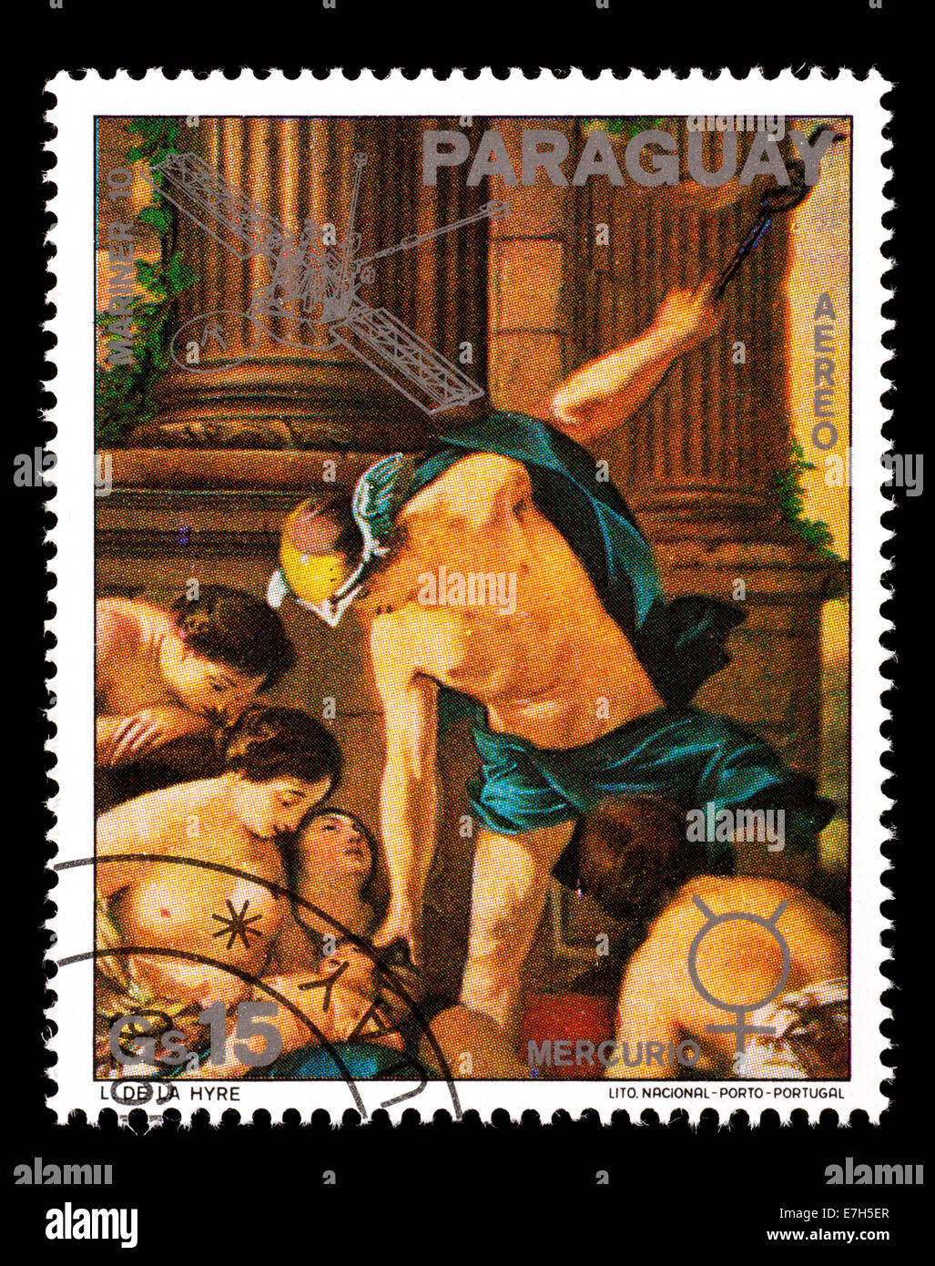 Postage stamp from Paraguay depicting the de la Hyre painting detail of Mercury. Stock Photo