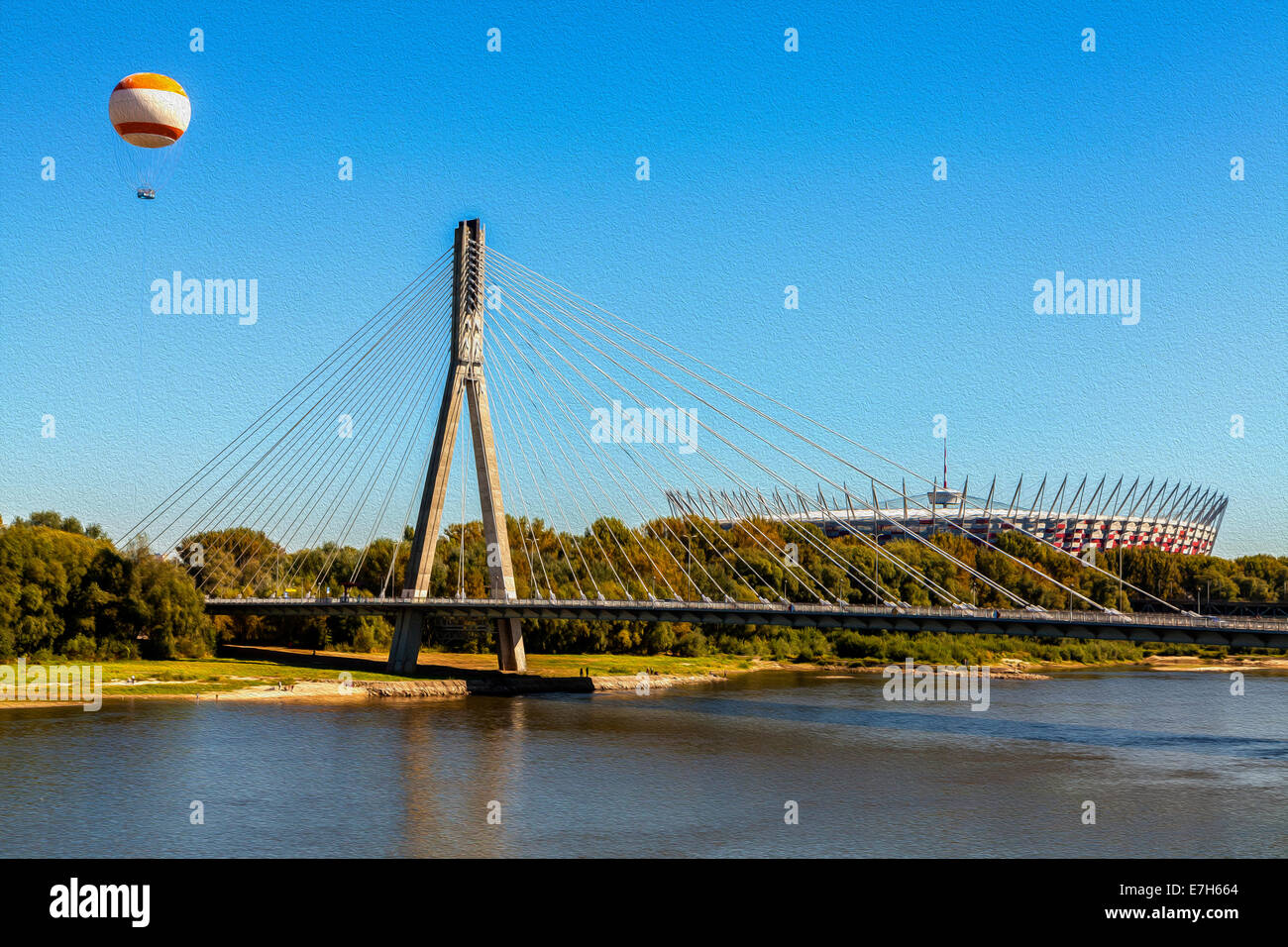 Oil painting style picture of bridge, hot-air balloon and stadium over Vistula river in Warsaw, Poland. Stock Photo