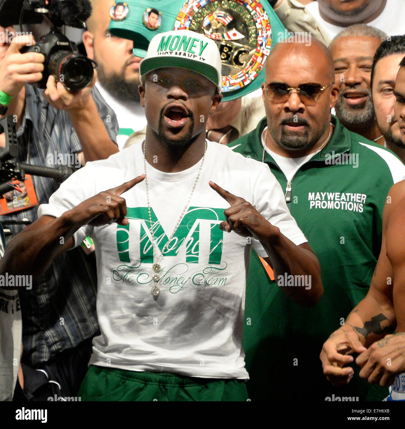 (R) Mayweather Promotions CEO Leonard Ellerbe seen at the Mayweather vs Maidana2 weigh in back