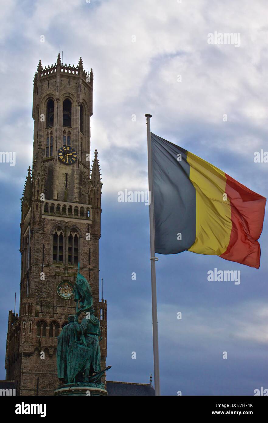 Belgian flag flying high in Bruges Stock Photo