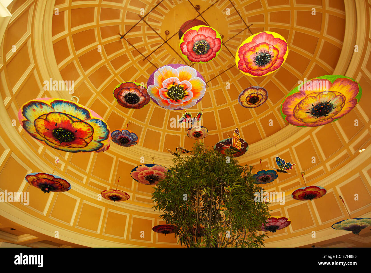 Umbrellas in atrium, Bellagio, Las Vegas, Nevada, USA Stock Photo