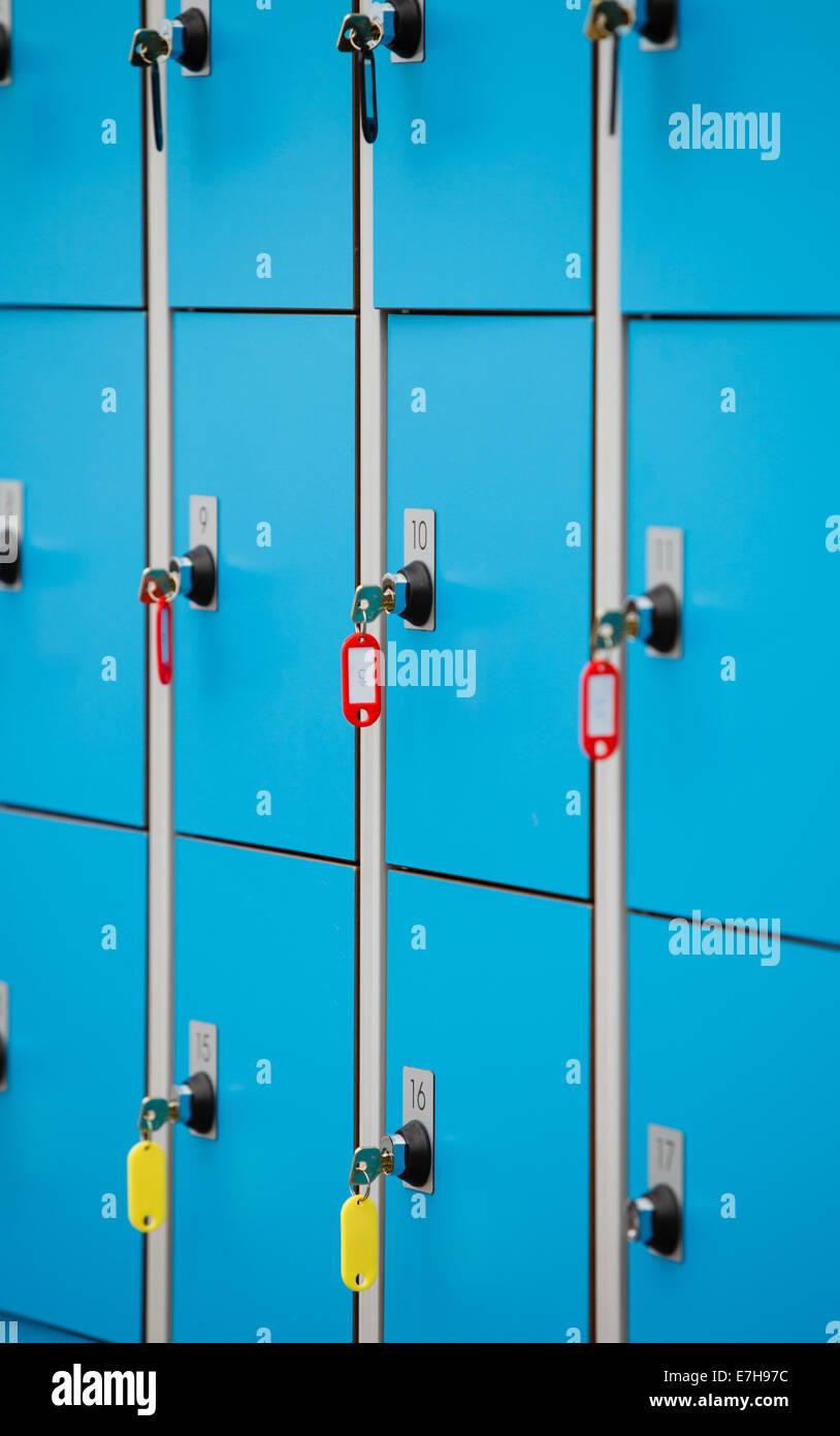closeup blue deposite boxes with keys. left luggage checkroom