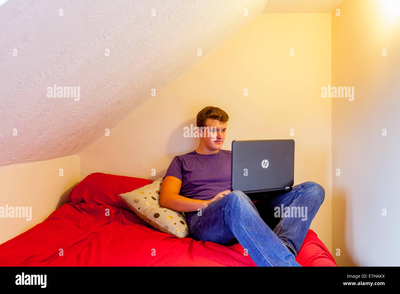A Student Working At Home On His Laptop Computer, Canterbury, Kent, England Stock Photo