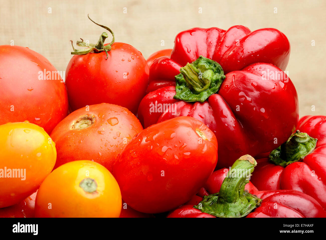 A mix of various fresh tomatoes and bell peppers from the kitchen ...