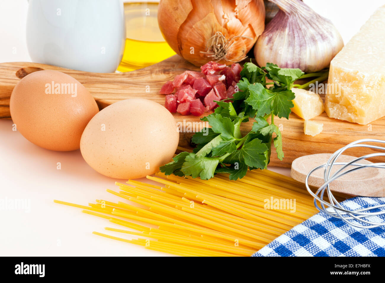 Spaghetti Carbonara ingredients Stock Photo Alamy