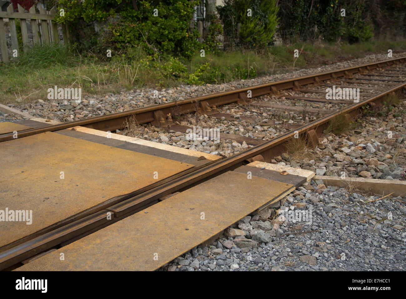 Low view of railway crossing, railway track, pedestrian crossing, level