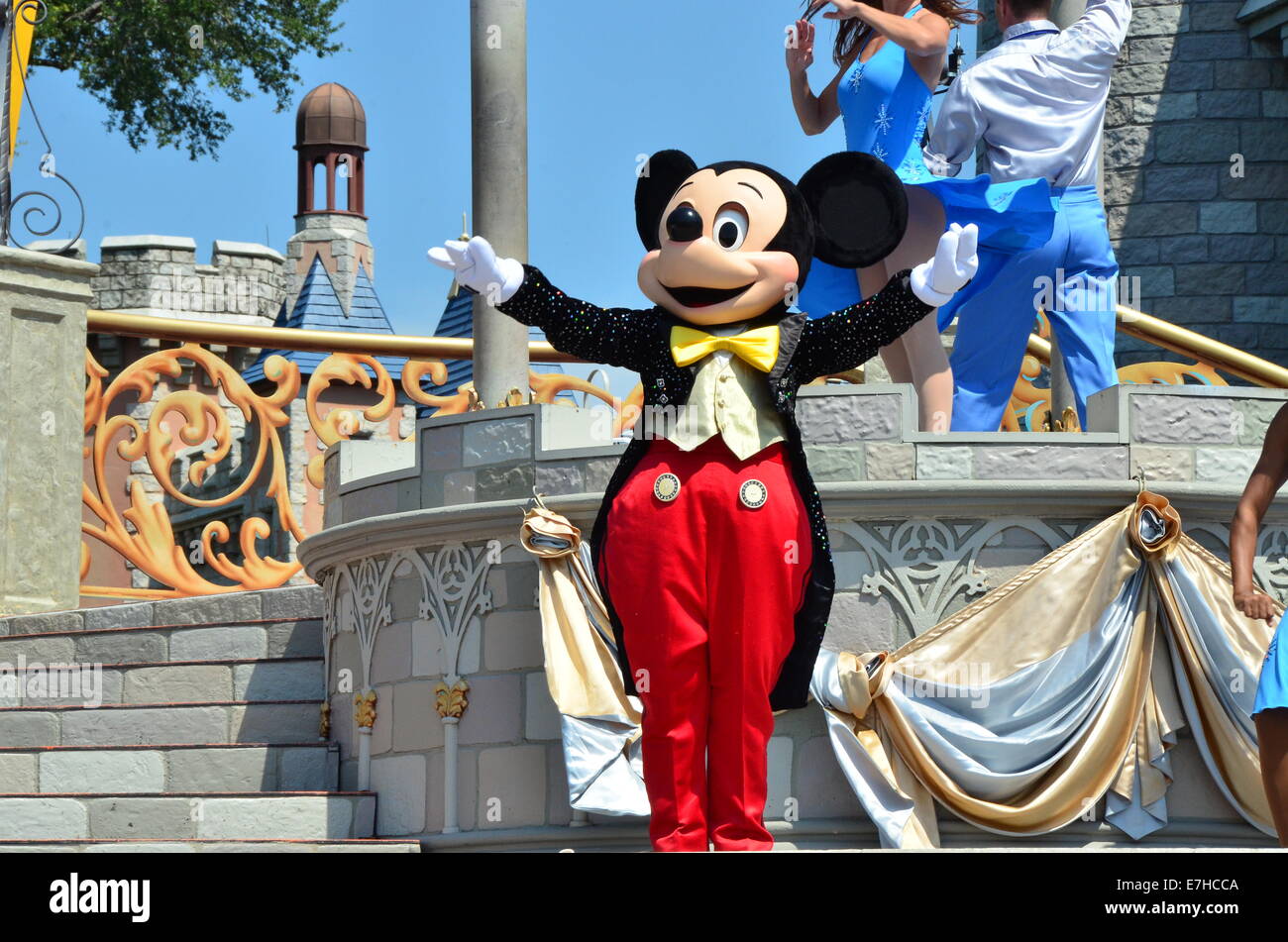 Mickey in Front of Cinderella Castle at the Magic Kingdom, Disney World, Florida Stock Photo