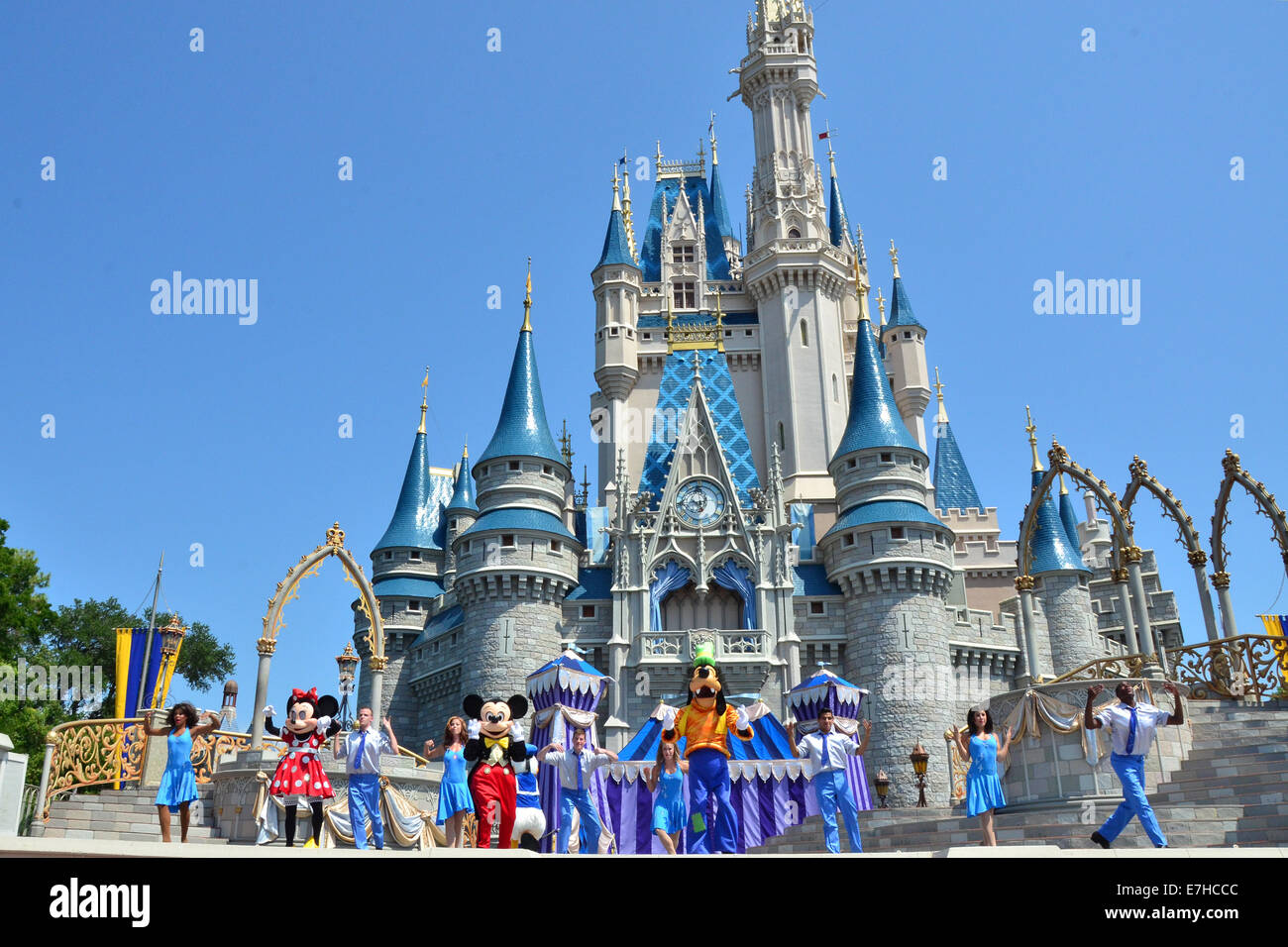 Mickey and Minnie Mouse, in Front of Cinderella Castle at the Magic Kingdom, Disney World, Florida Stock Photo