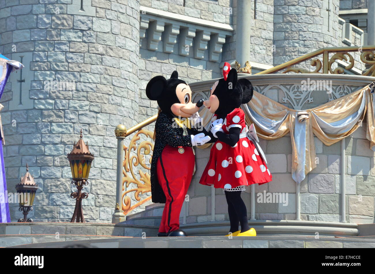 Mickey and Minnie Mouse, in Front of Cinderella Castle at the Magic Kingdom, Disney World, Florida Stock Photo