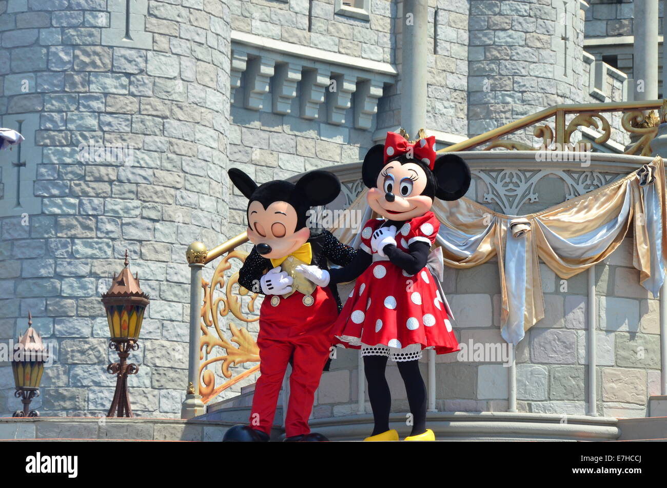 Mickey and Minnie Mouse, in Front of Cinderella Castle at the Magic Kingdom, Disney World, Florida Stock Photo