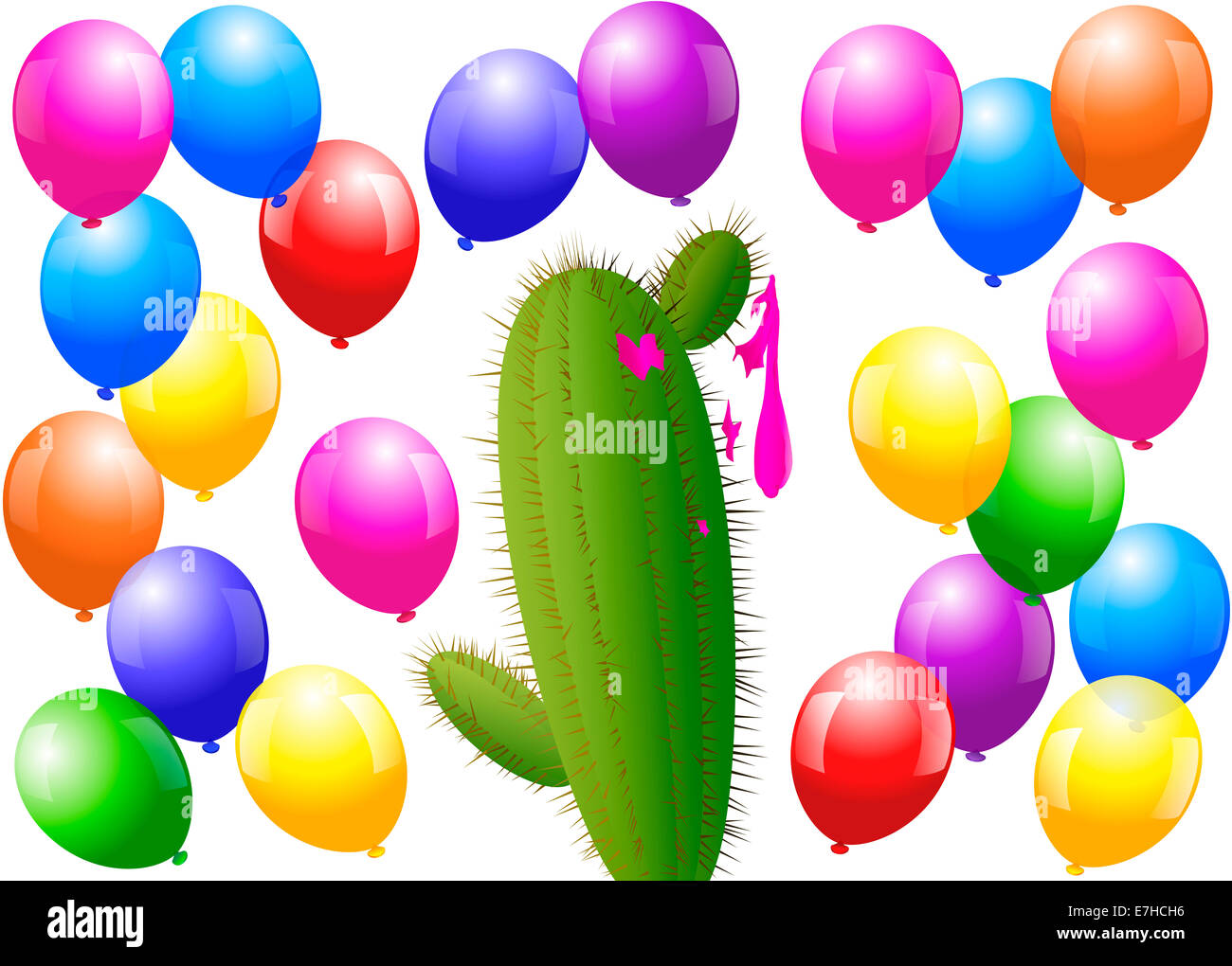 Menacing cactus surrounded by balloons, one is bursted. Stock Photo