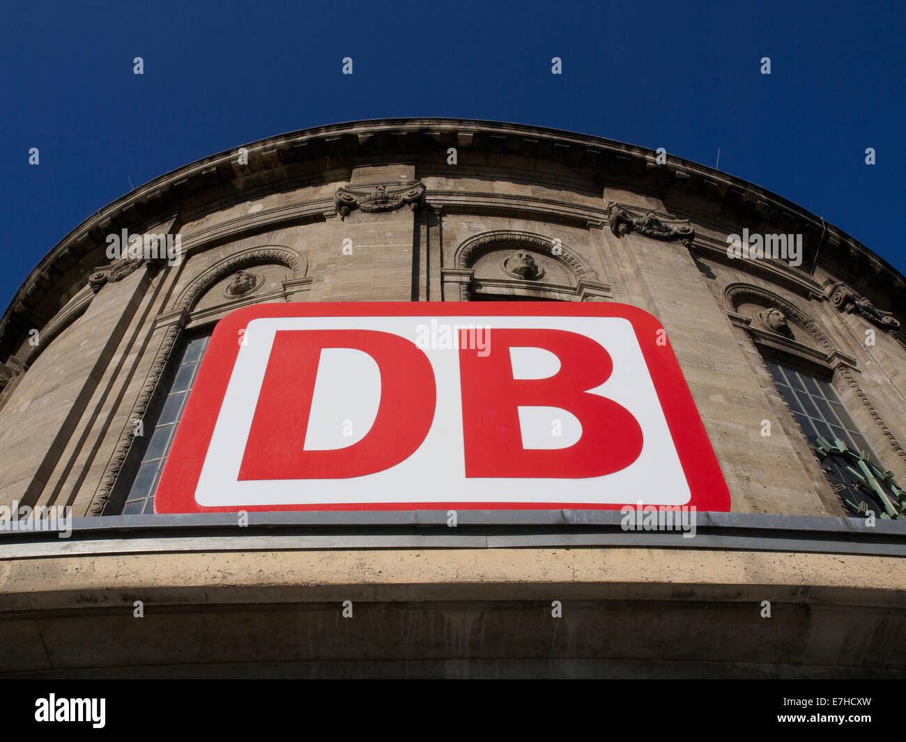 Deutsche Bahn logo, the german railway company, on the Messe/Deutz station in Cologne, Germany Stock Photo