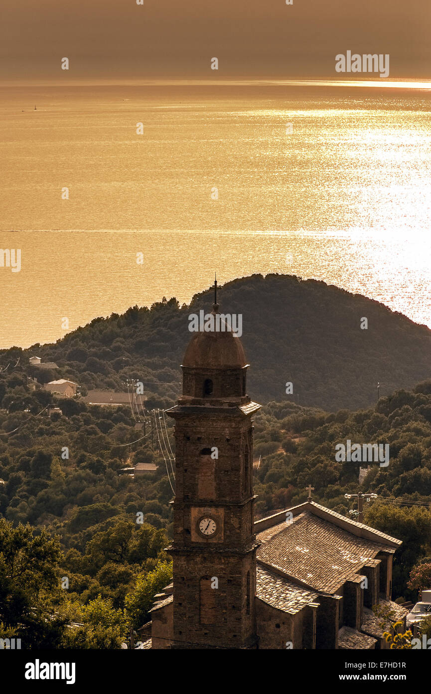 Europe, France, Corsica. Cap Corse. Church overlooking the sea. Stock Photo