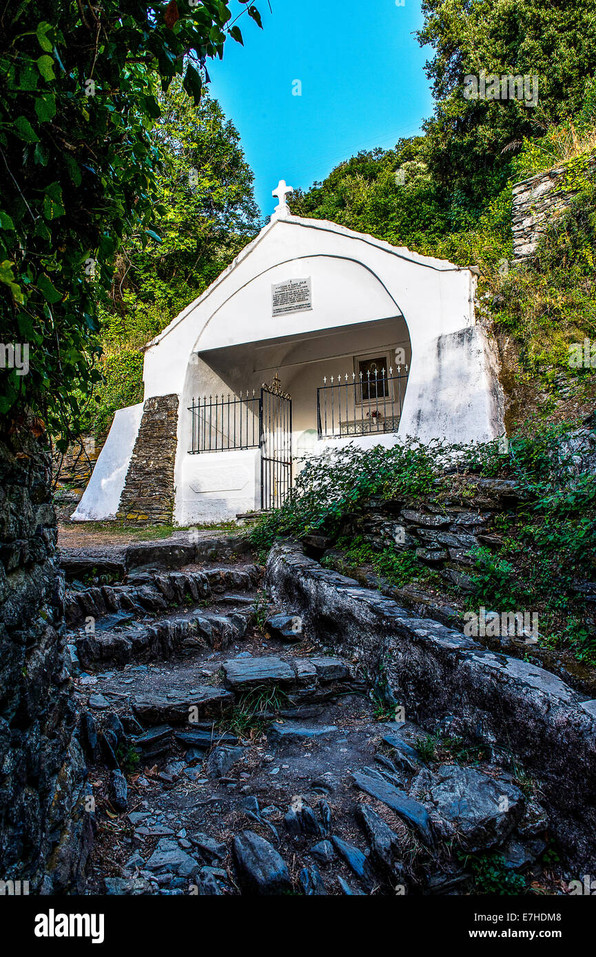 Europe, France, Corsica, Haute Corse, Cap Corse. Nonza. The Chapel of Santa Ghjulia (Sainte Julie) and the staircase giving access to the black pebble Stock Photo